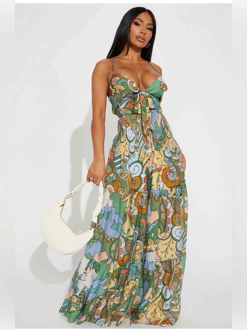 Kamiyah Fashion Nova Green Multi-Print Tie-Back Maxi Jumpsuit